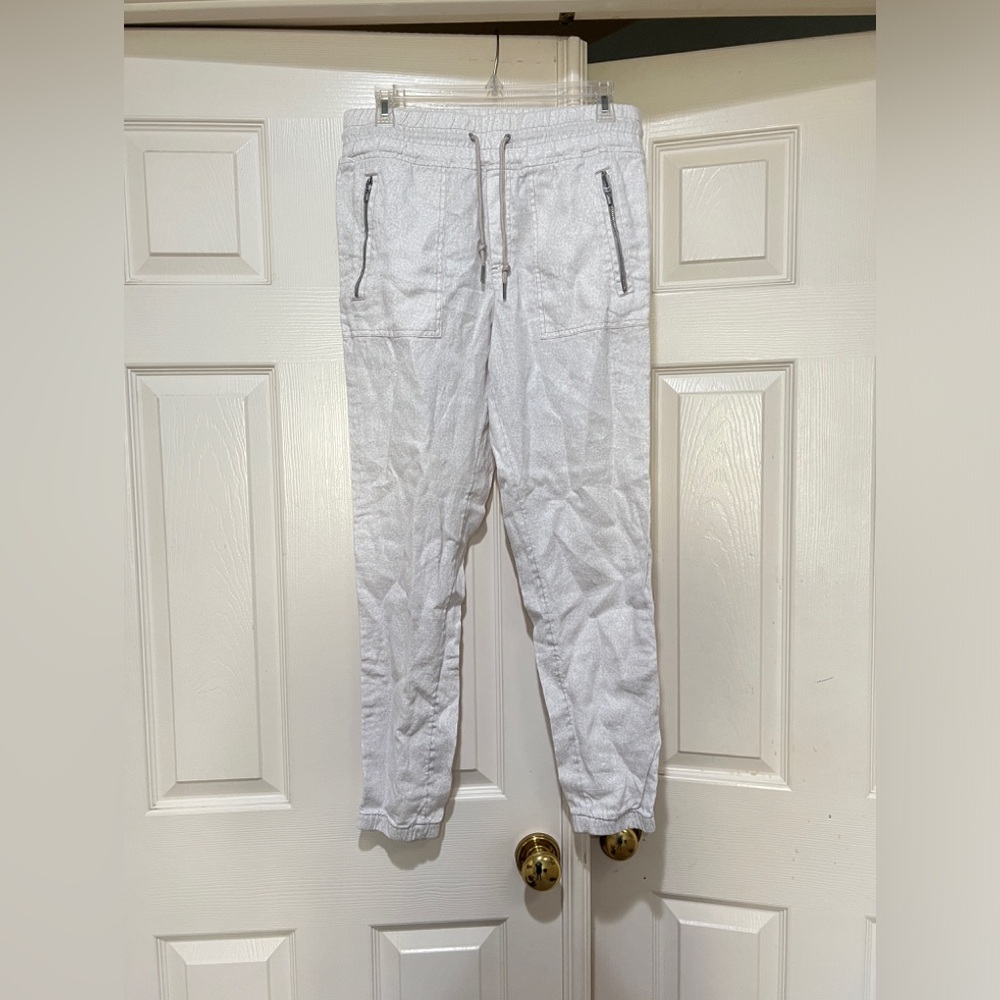 Athleta White Cabo Linen Leopard Print Zip Pockets Joggers Pants Womens Size 6